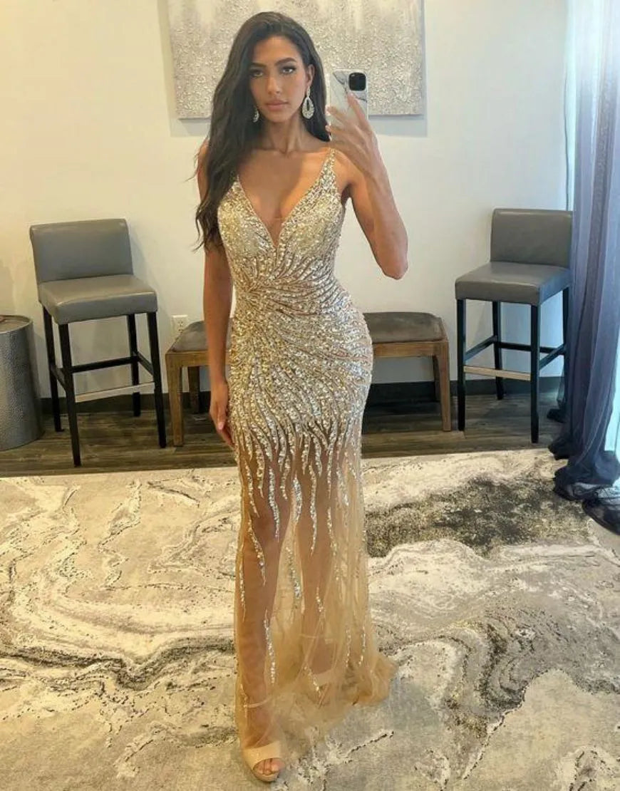 Wholesale Sexy Golden Beaded V-Neck Long Prom Dress prom dresses shops